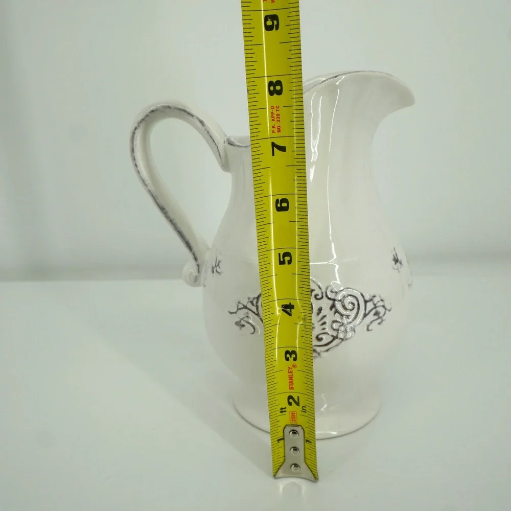 Ceramic Pitcher White Purple Filigree Farmhouse Decor Vase